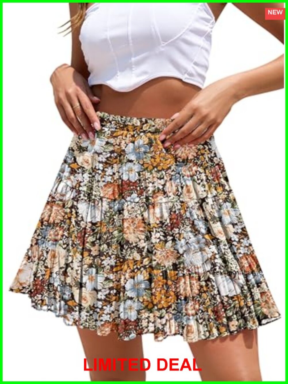 Boho Floral Chiffon Mini Skirt High Waist Tiered Pleated A-Line